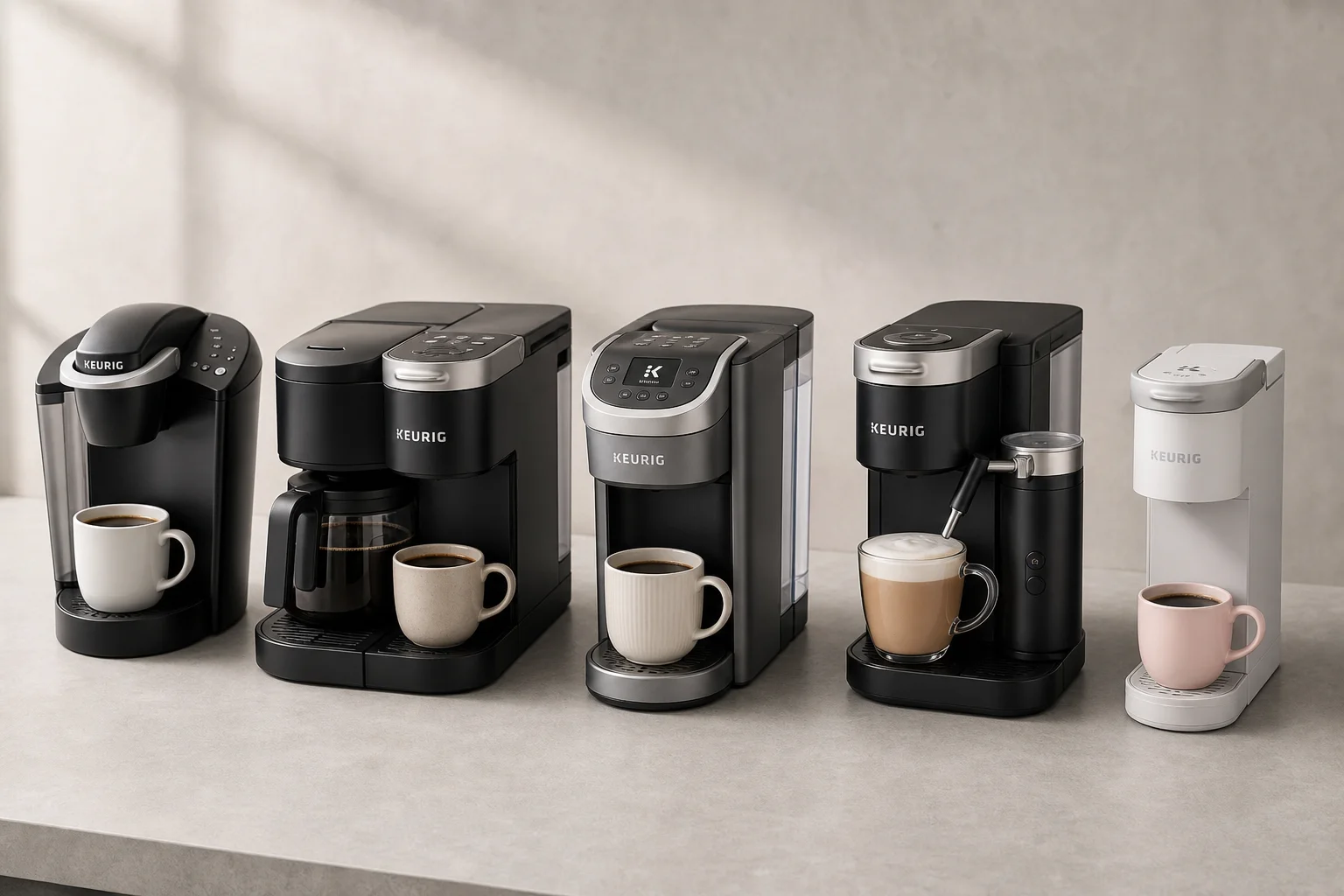 五台不同的 Keurig 咖啡機排列在灰色桌面上