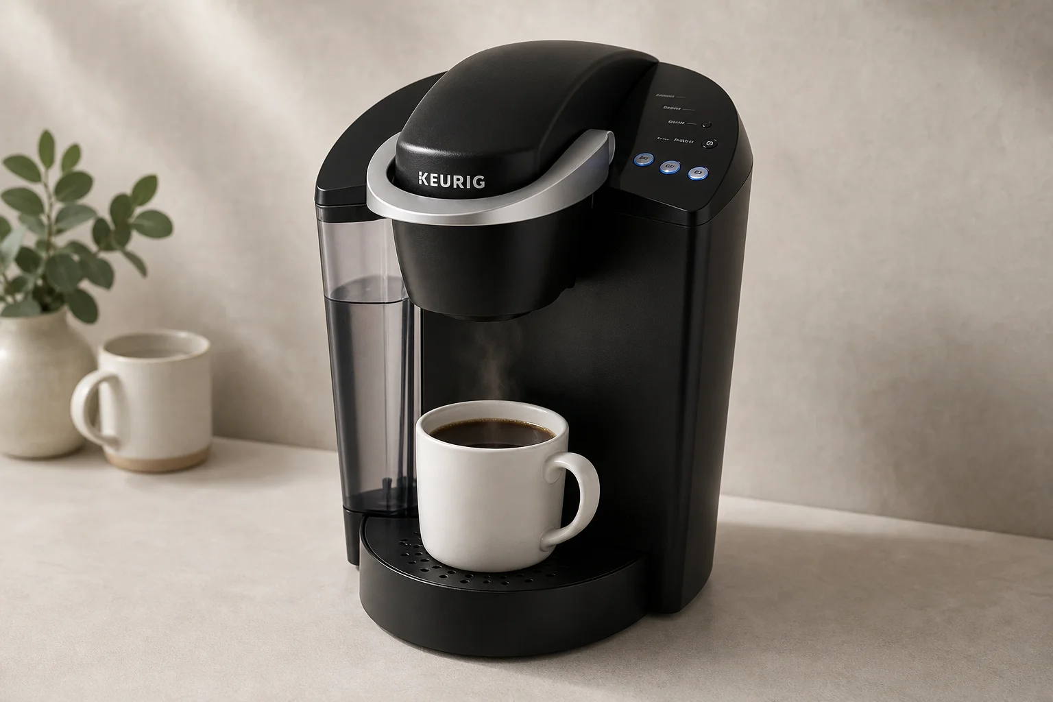 五款不同的 Keurig 咖啡機排列在灰色檯面上