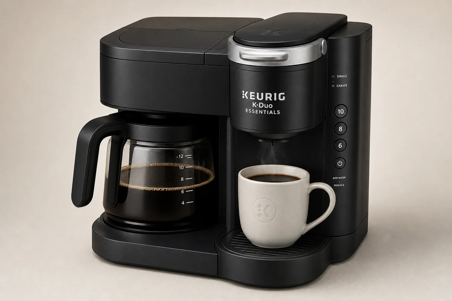 五款不同的 Keurig 咖啡機排列在灰色桌面上