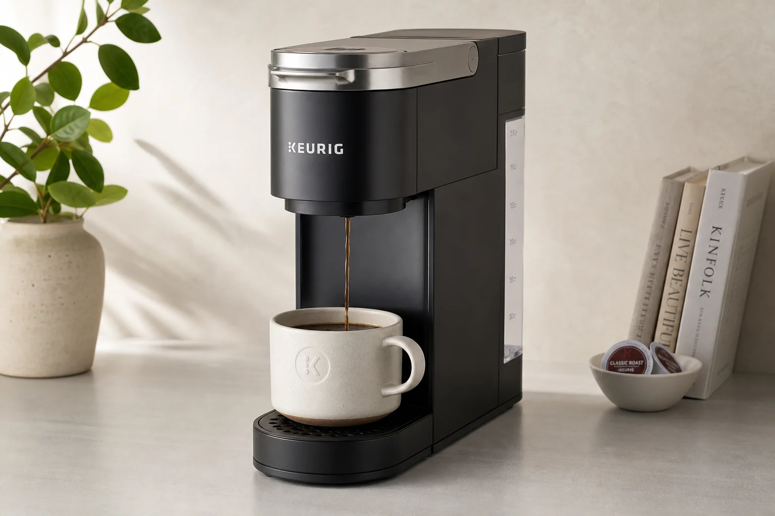 五款不同的 Keurig 咖啡機排列在灰色檯面上