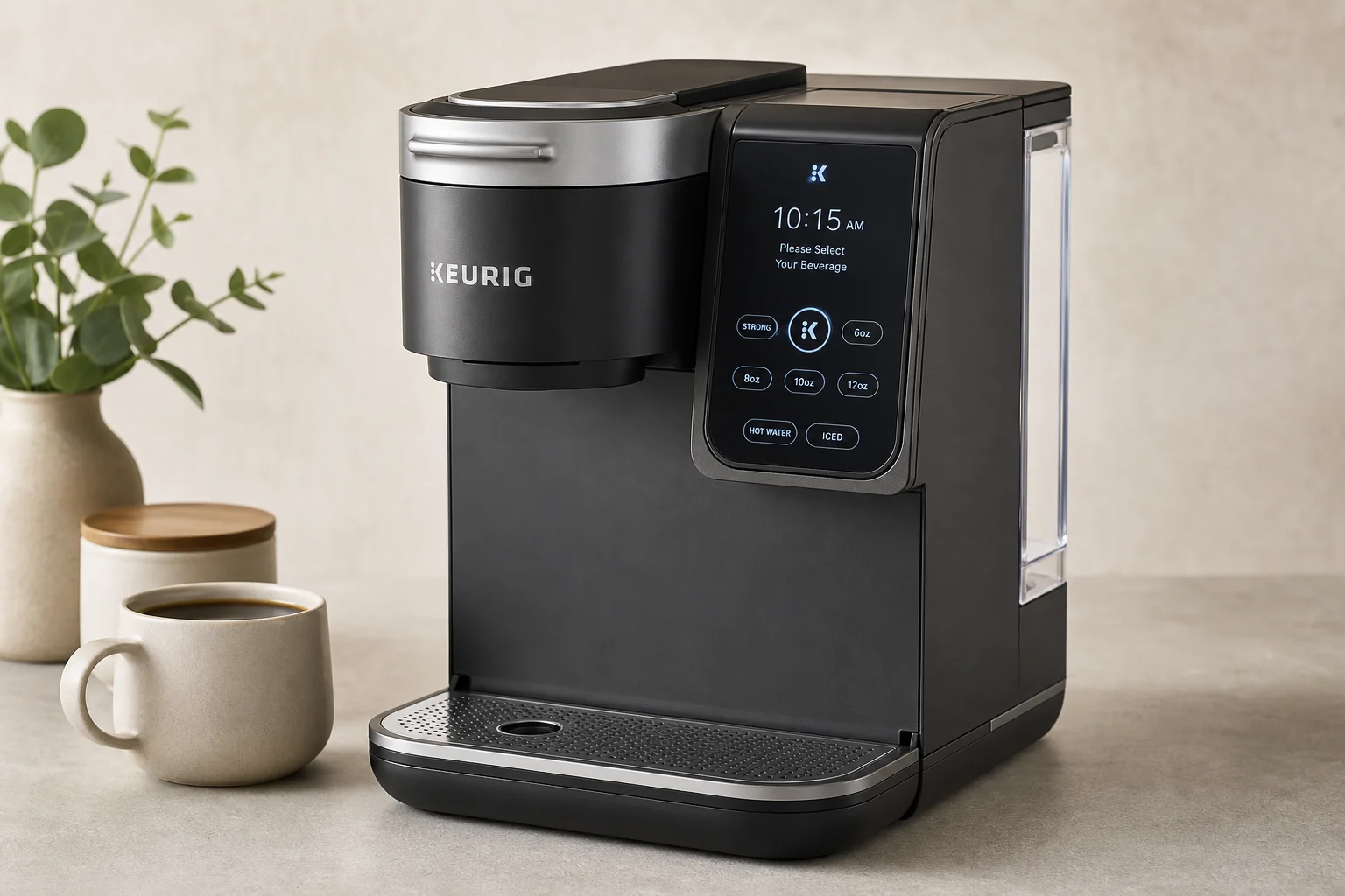 五款不同的 Keurig 咖啡機型號排列在灰色桌面上