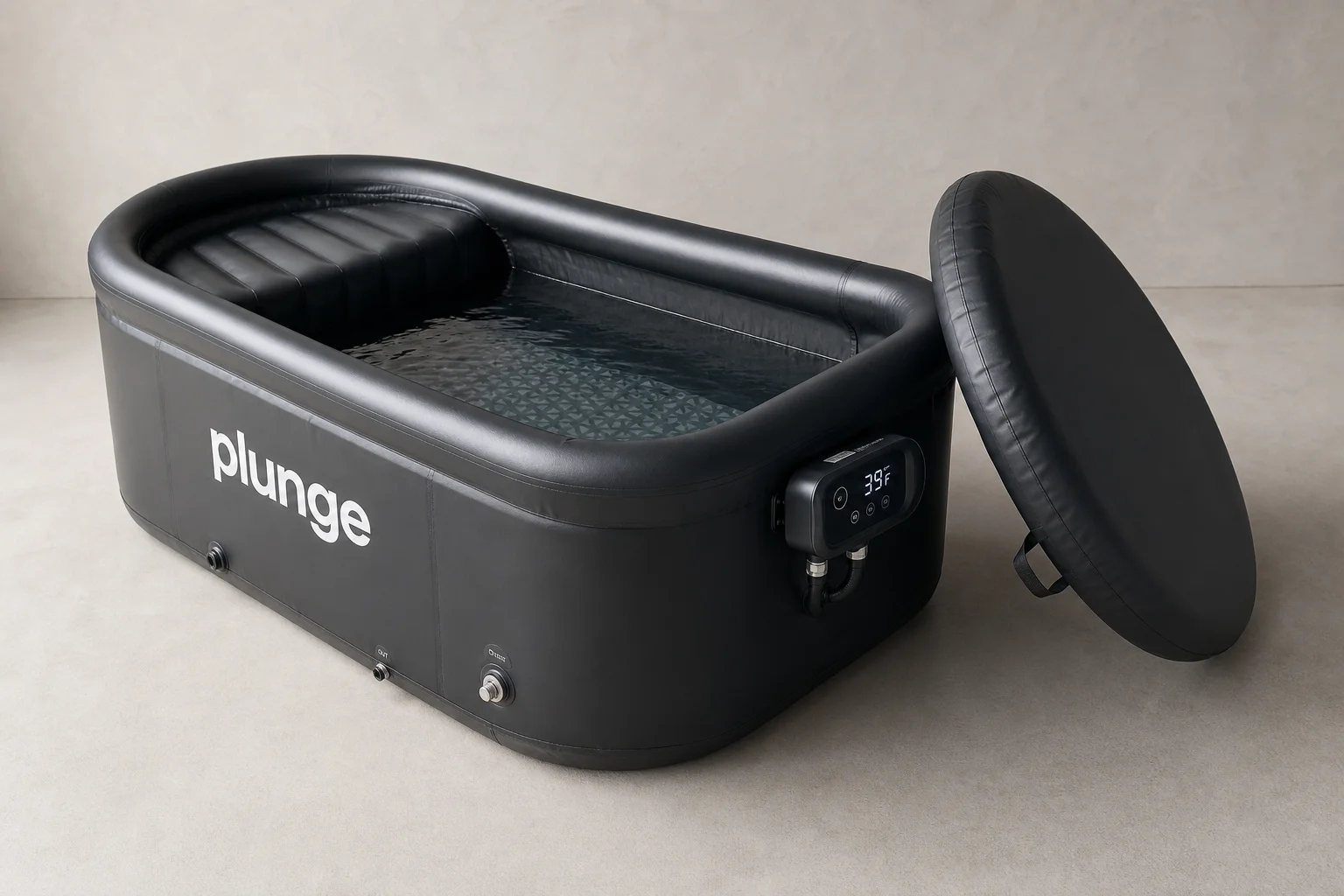 Five cold plunge tubs arranged by size on neutral backdrop