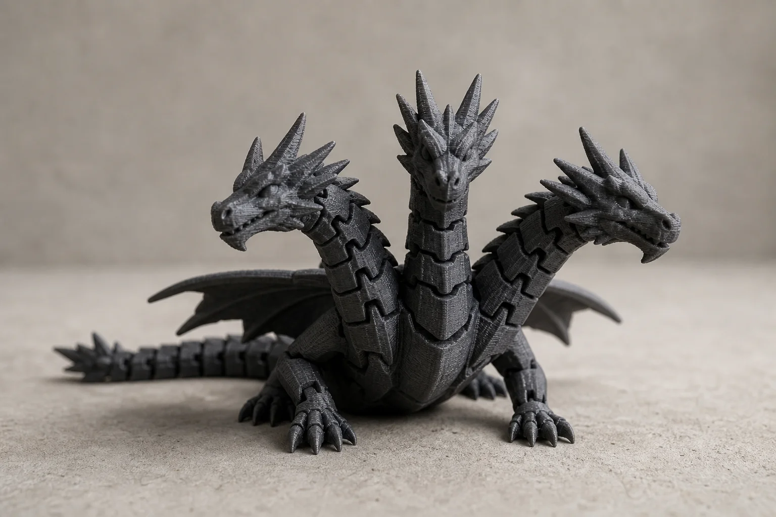 關節可動的 3D 列印龍玩具，擁有數個可活動的頭部