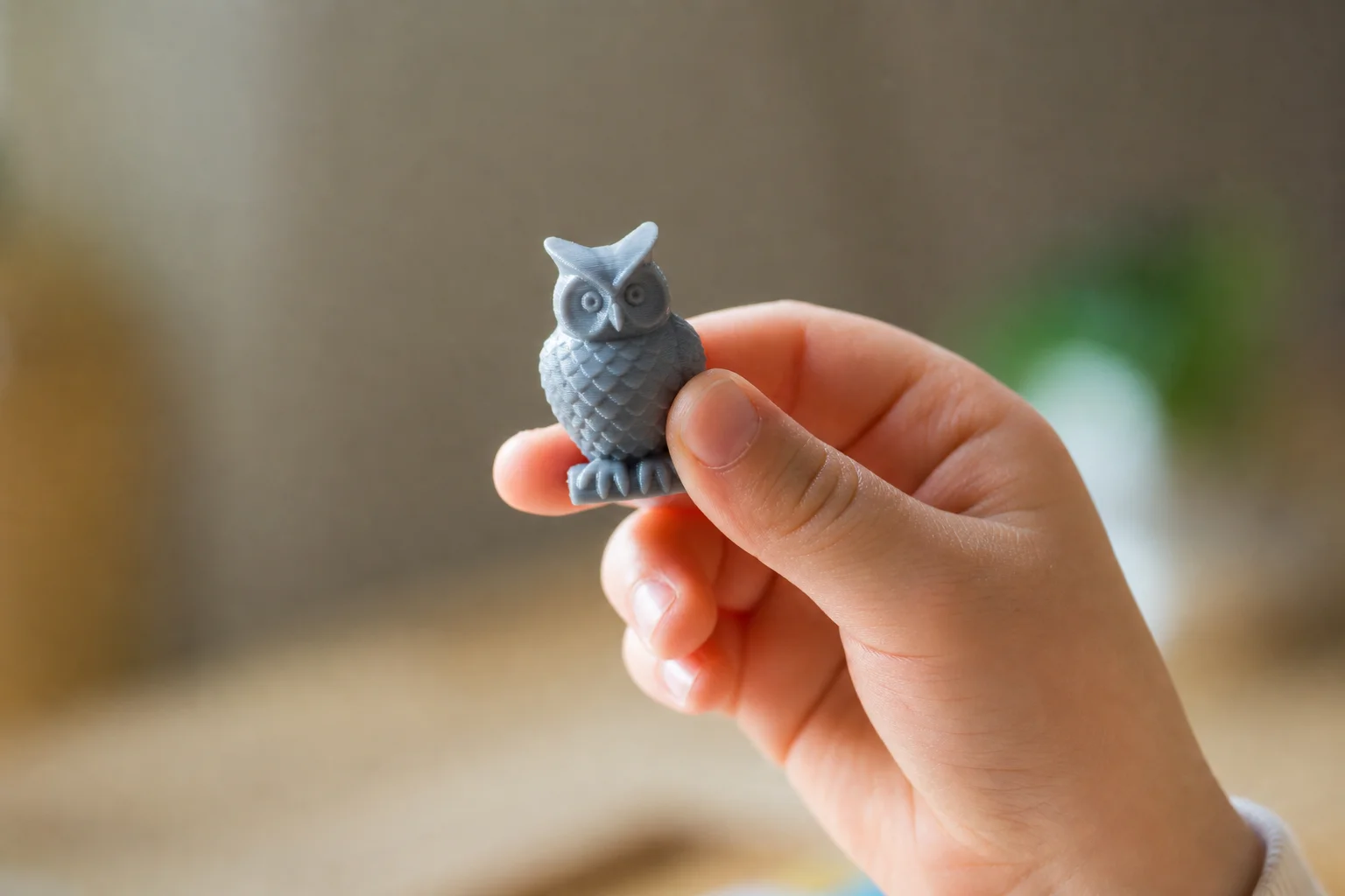 孩子正在觀察一個小巧的 3D 列印貓頭鷹模型