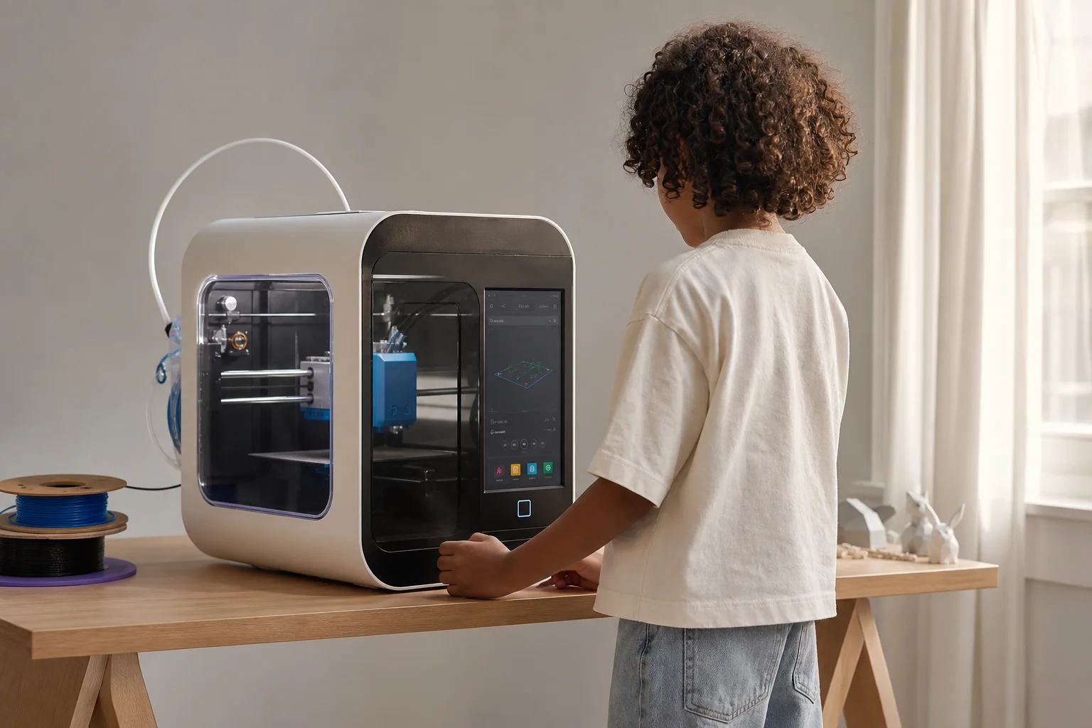 年幼的孩子正在操作 Kidoodle 3D 印表機的觸控螢幕