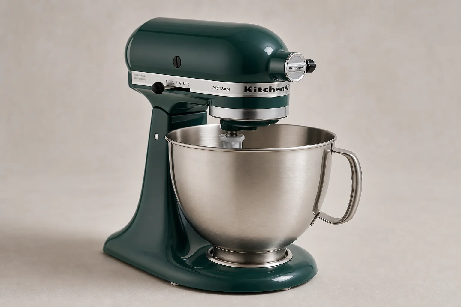 KitchenAid Artisan 與 Smeg 復古桌上型攪拌機並排放在大理石檯面上