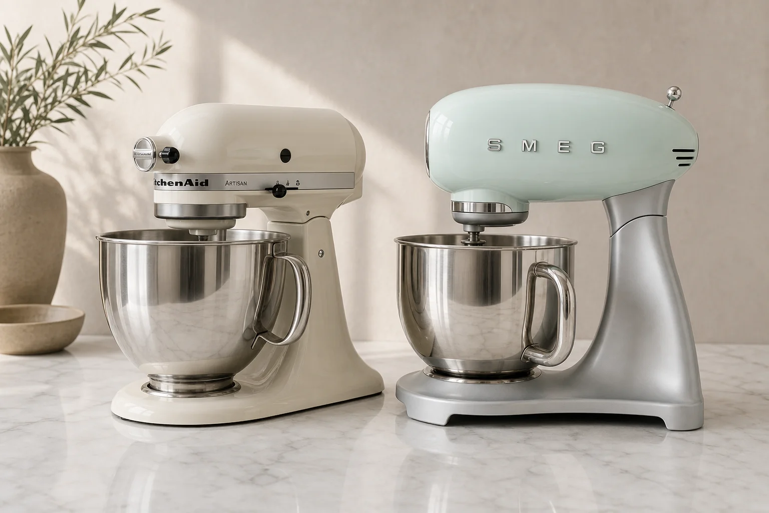 KitchenAid Artisan 與 Smeg Retro 桌上型攪拌機並排放在大理石檯面上