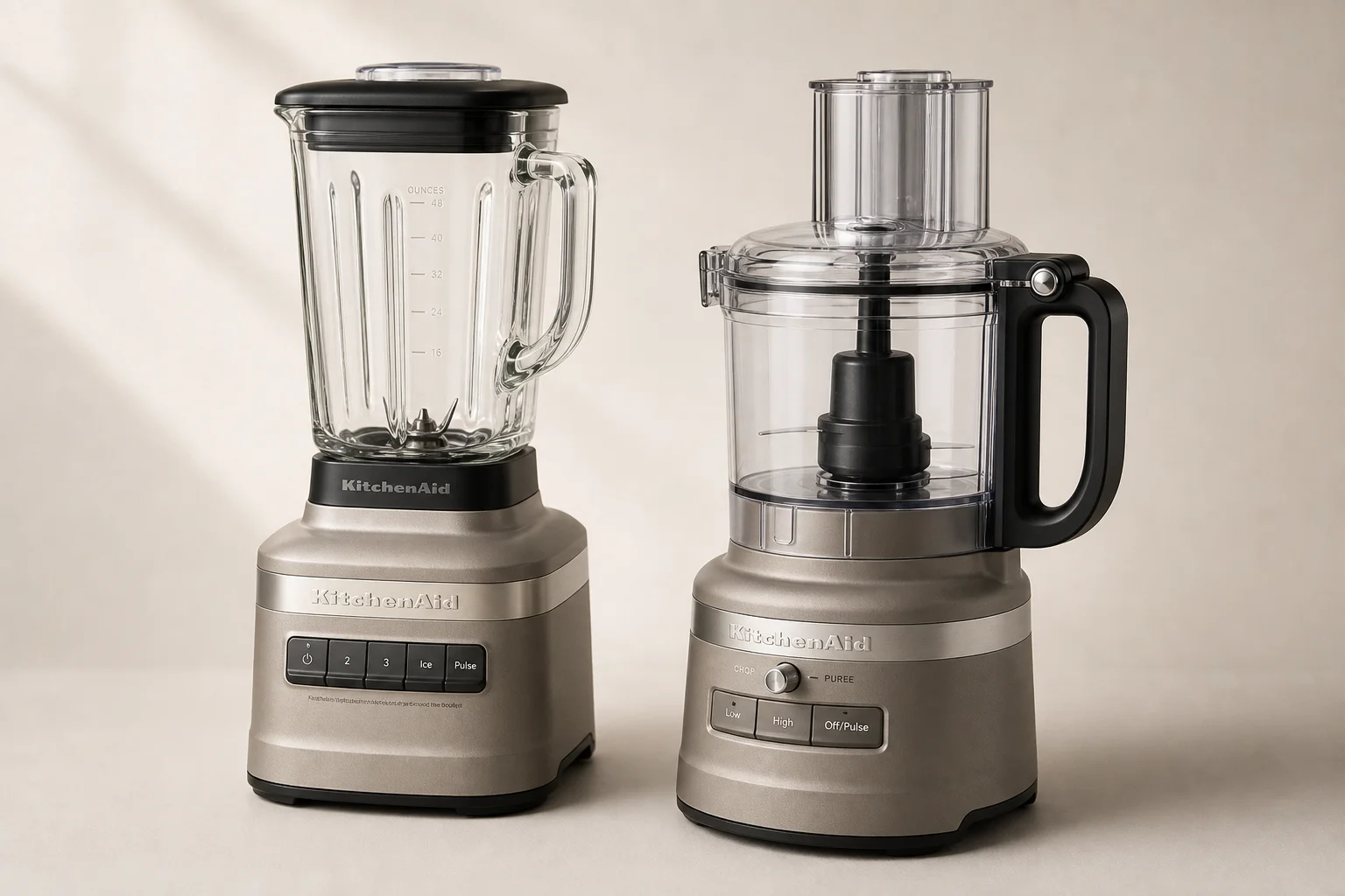 KitchenAid K-150 果汁機與 KitchenAid 7 Cup 食物處理機並排於中性背景上