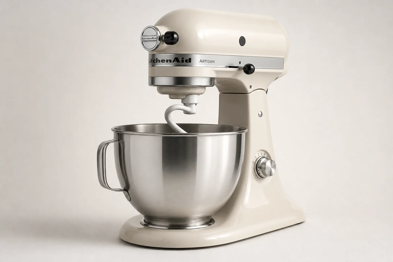 四台桌上型攪拌機排列在木質檯面上：KitchenAid、Bosch、Ankarsrum 與 Ooni Halo Pro