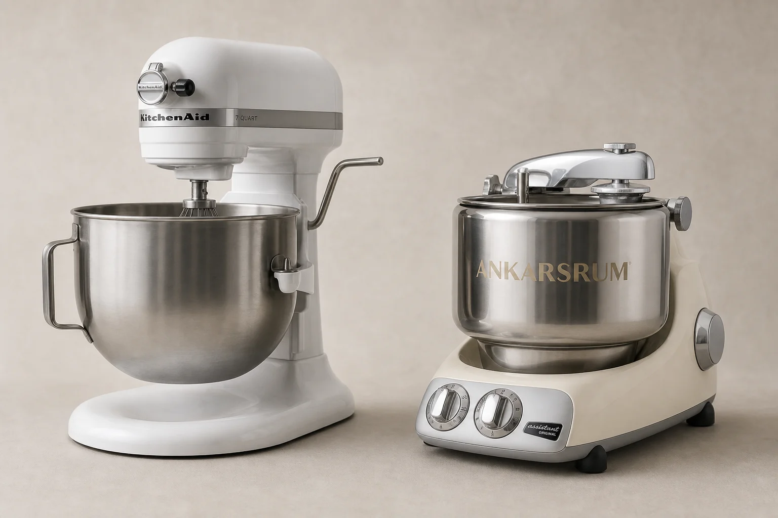 KitchenAid Seven Quart 與 Ankarsrum Original 6230 攪拌機並排展示