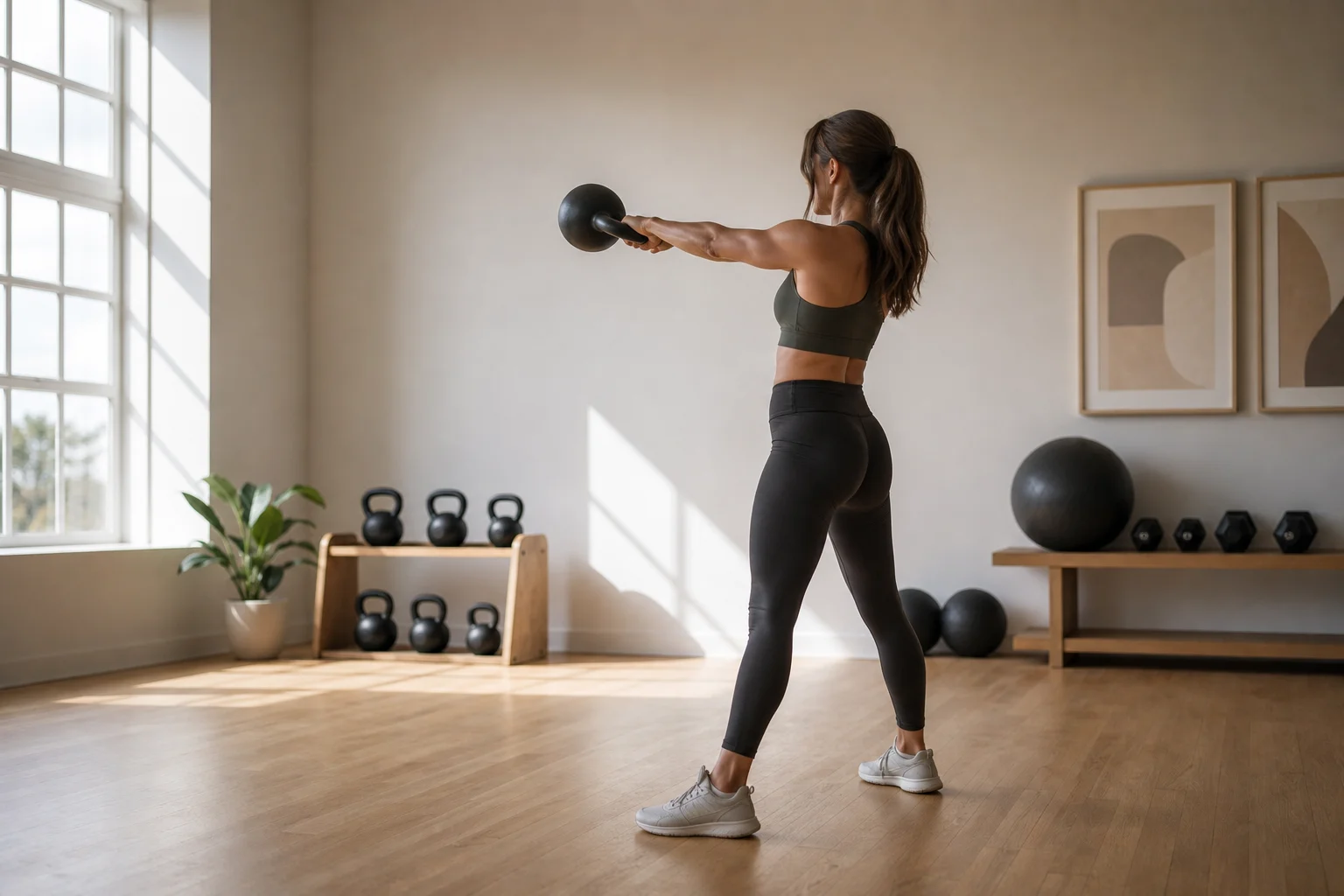 Person performing a kettlebell swing in a bright home gym with natural light
