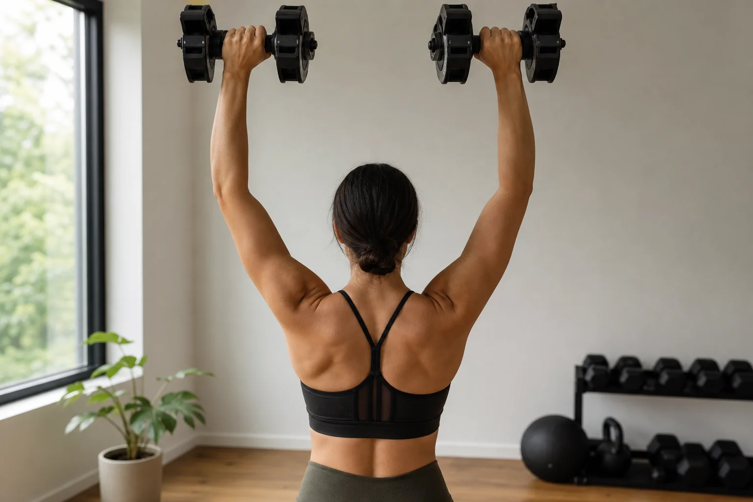 Person performing a dumbbell overhead press with the converted unit in a home gym