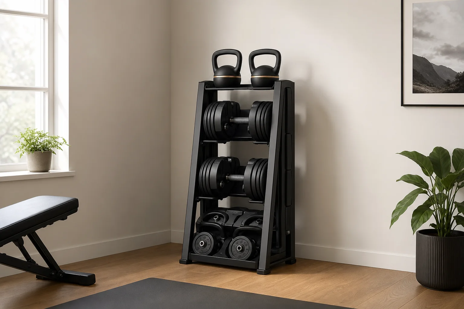 Kiynbld kettlebell and dumbbell set stored vertically in a corner of a home gym