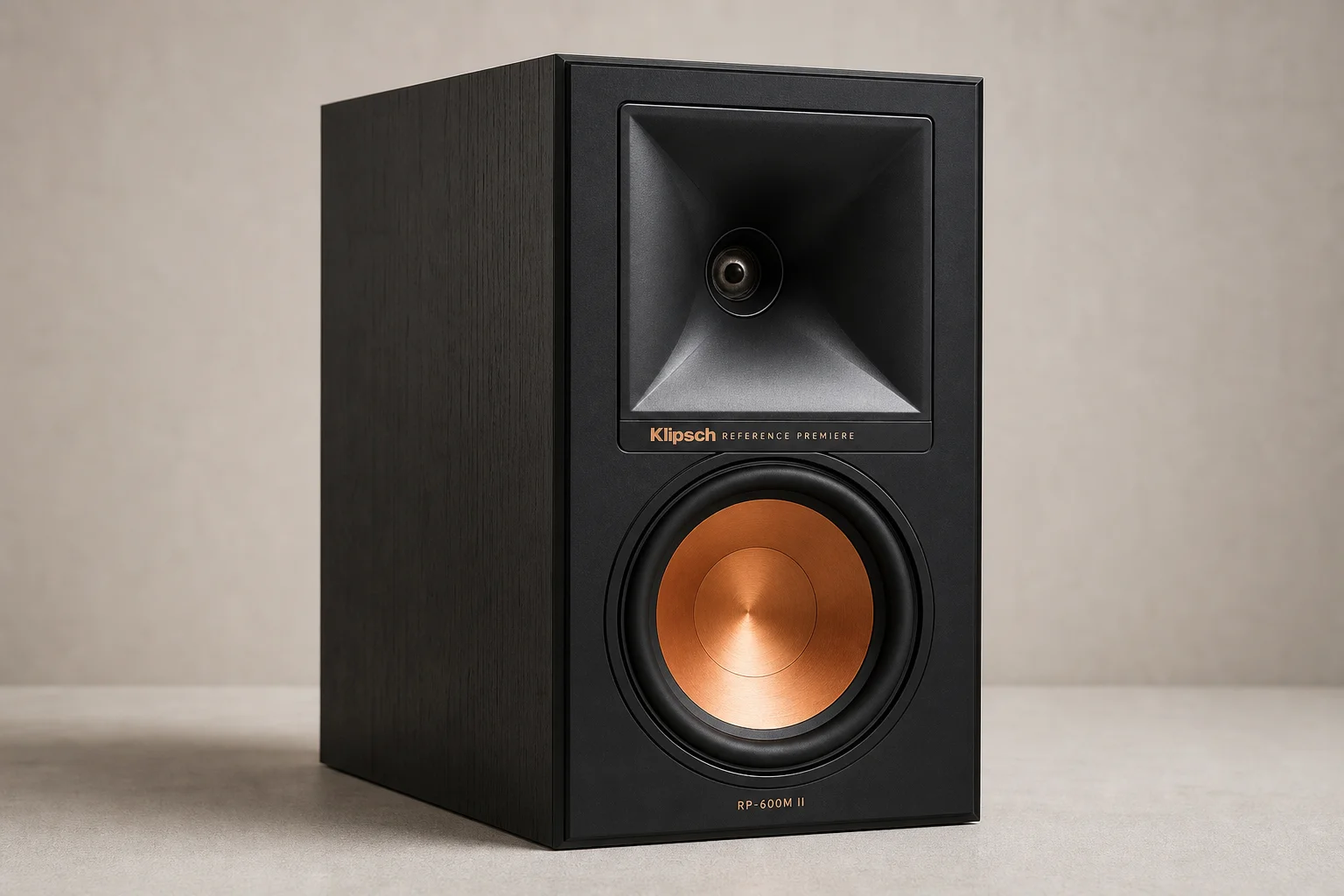 Six bookshelf speakers in various finishes arranged on concrete surface