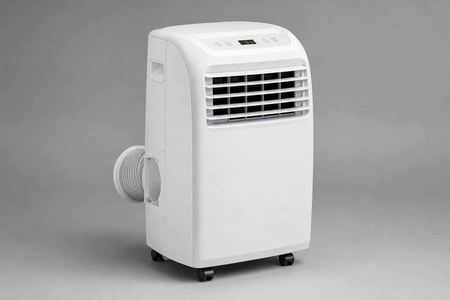 Six portable air conditioning units arranged on neutral backdrop