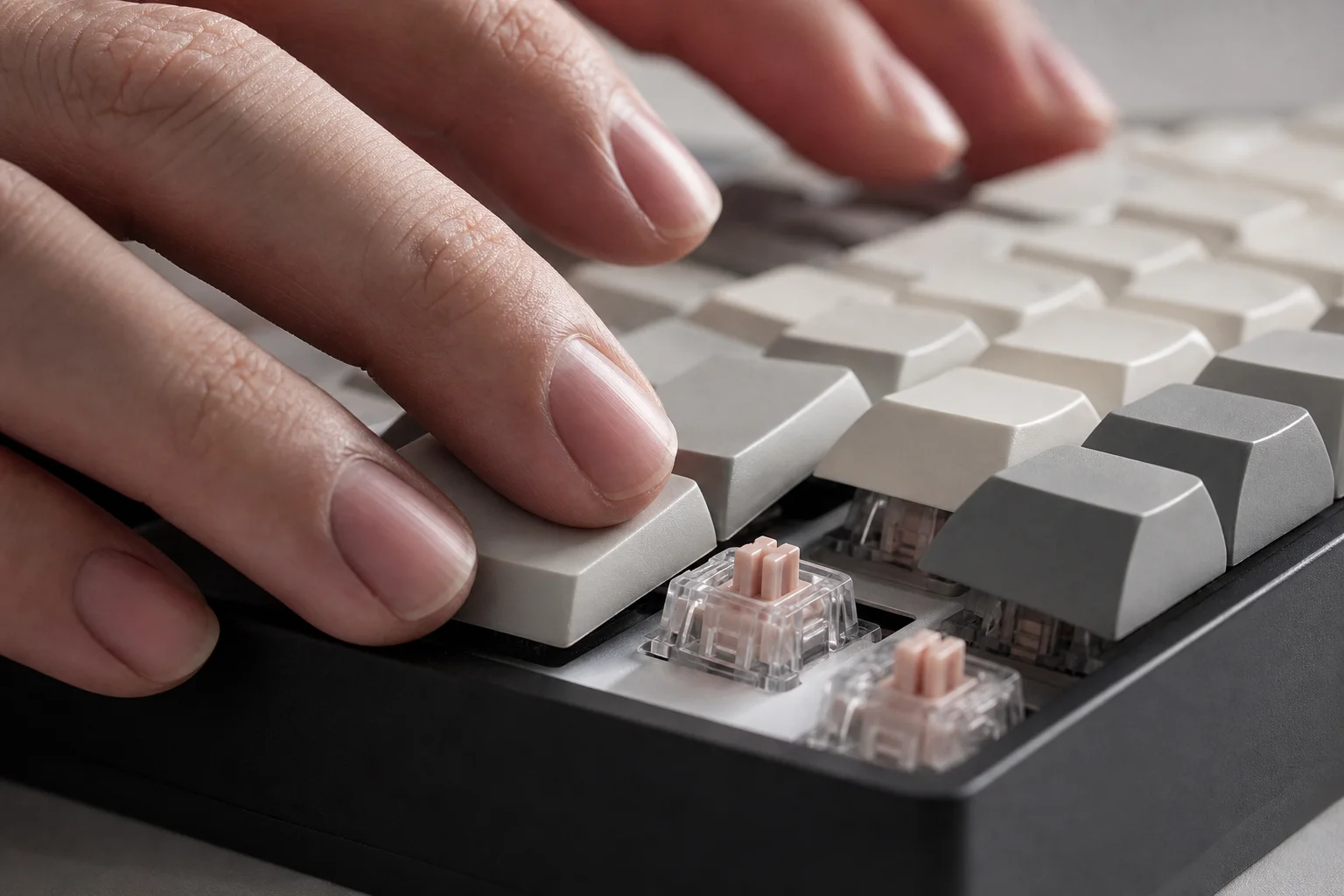 Close-up of mechanical keyboard switches and keycaps during typing