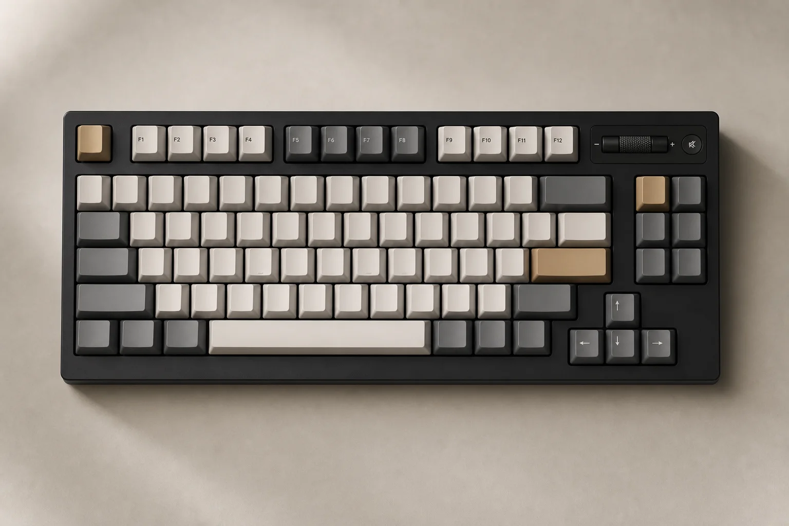 Mechanical keyboard with volume rocker control and function keys visible
