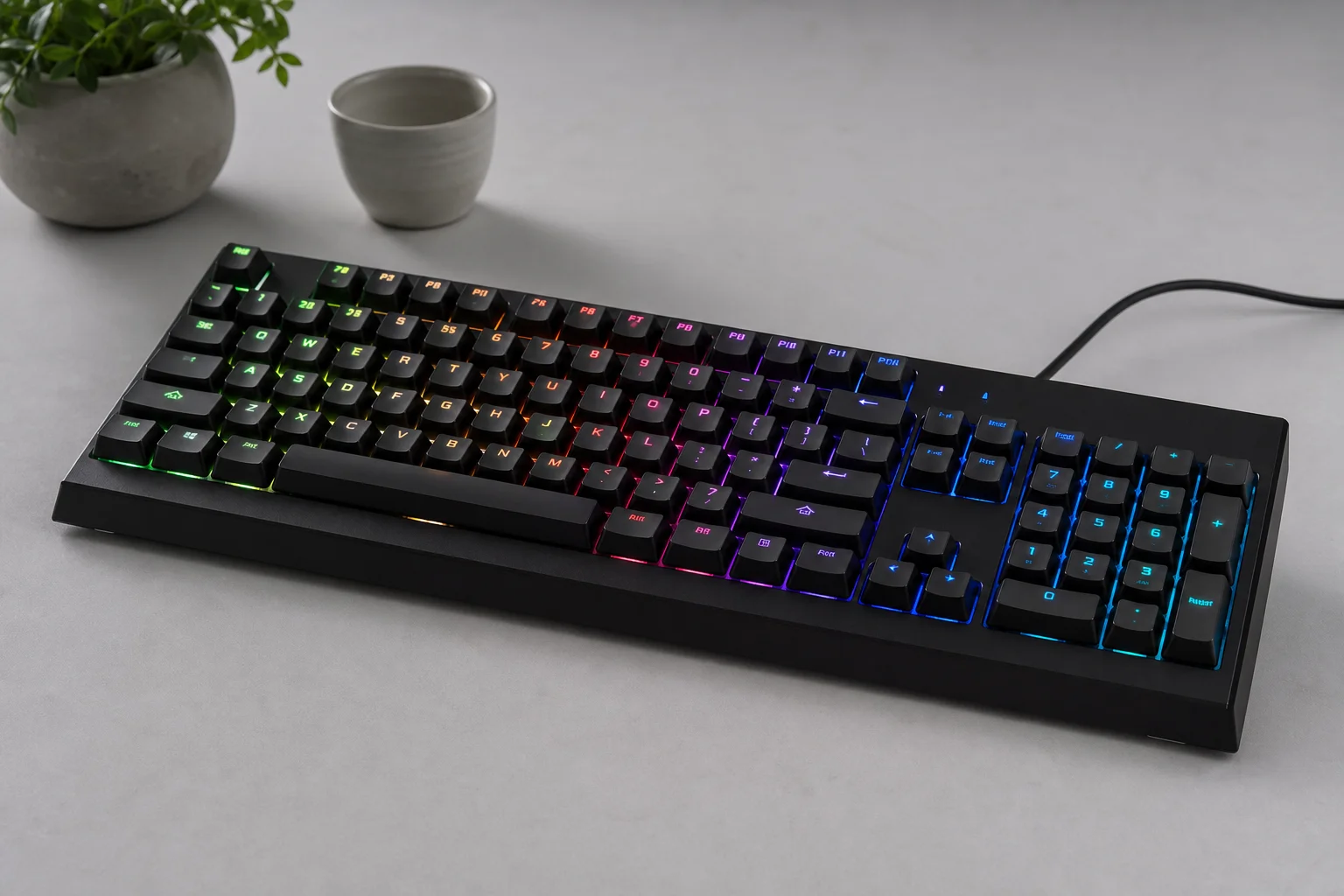 Mechanical keyboard with RGB lighting effects illuminating keycaps