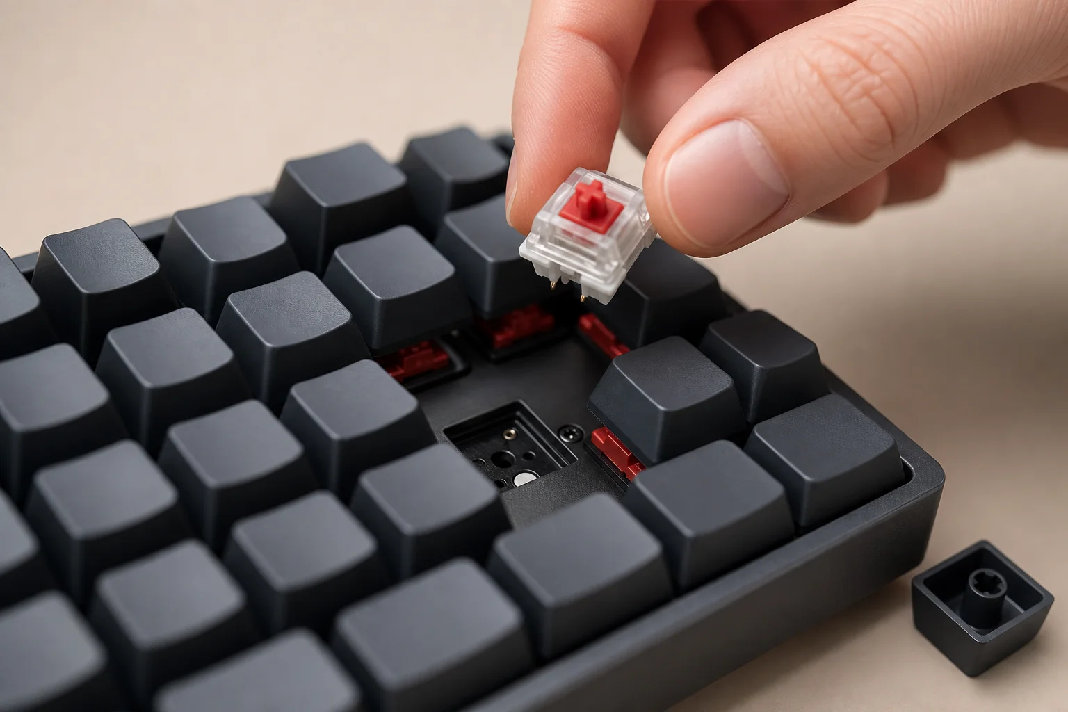 Mechanical keyboard with modular switches being replaced or customized