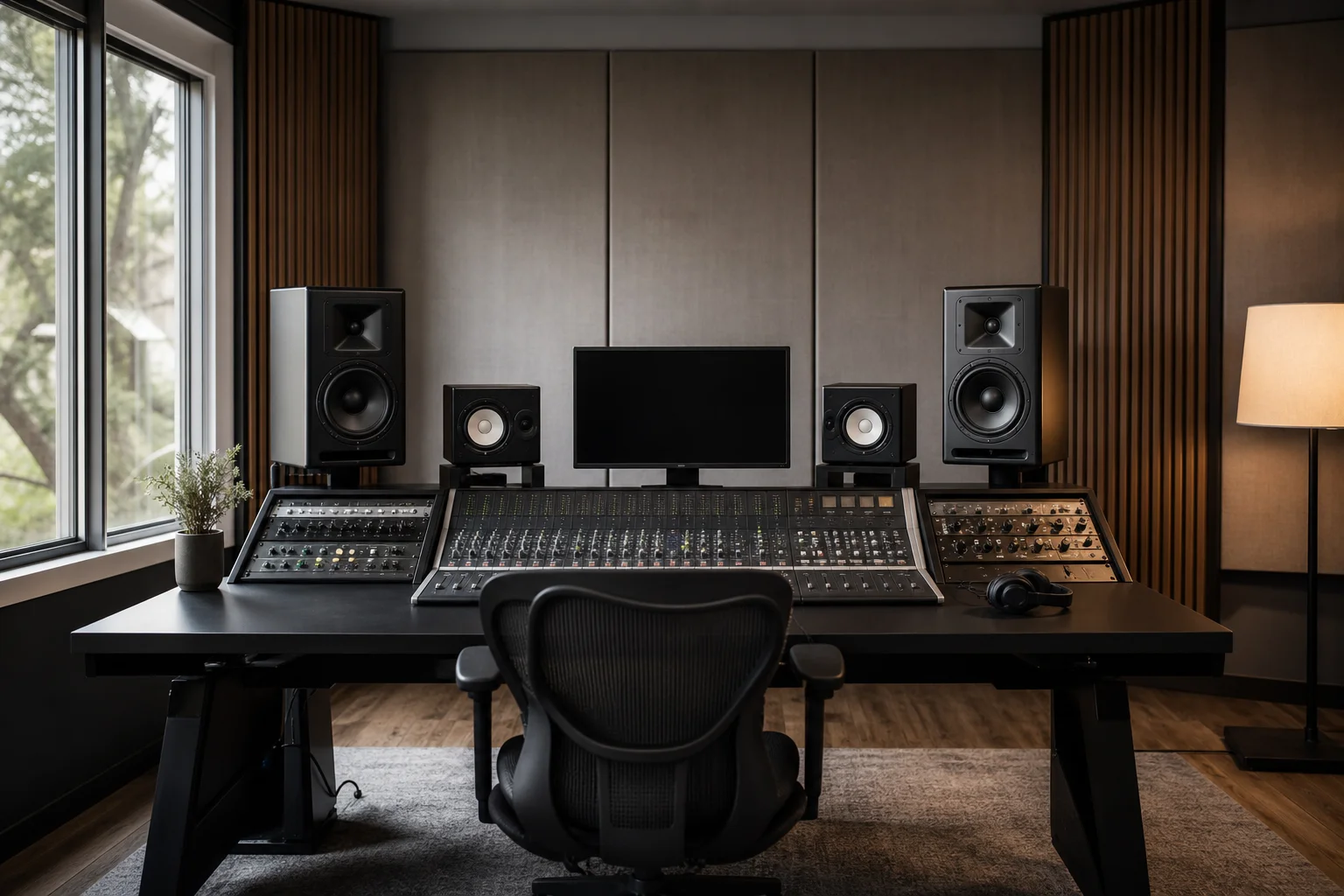 Professional music production studio with monitors and mixing console
