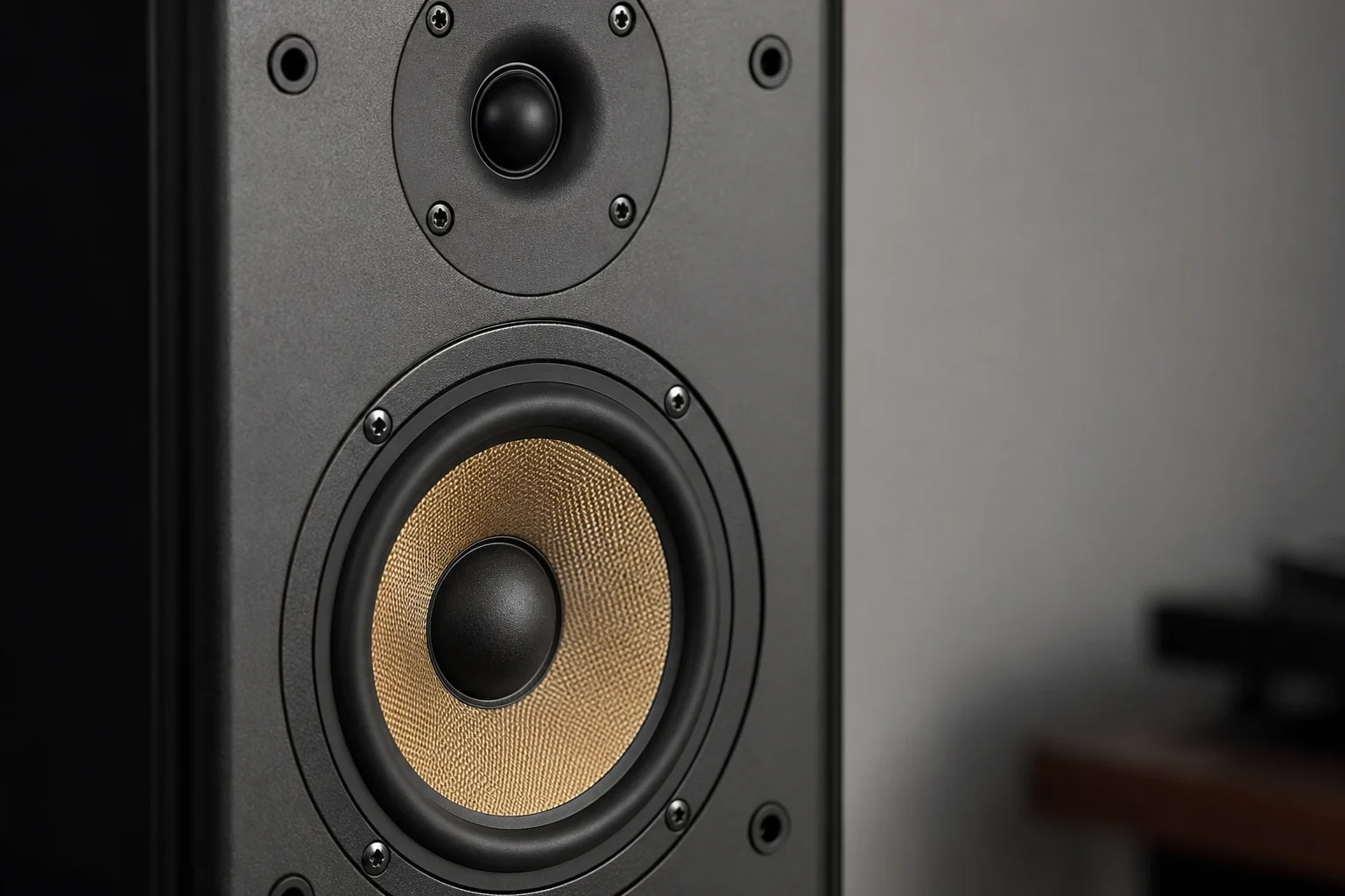 Close-up of studio monitor tweeter and woofer cone details