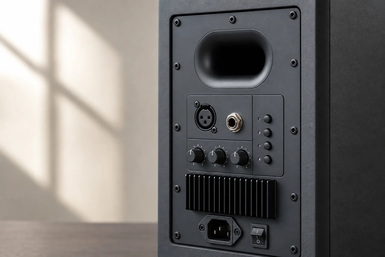 Studio monitor rear panel showing input connectors and control buttons