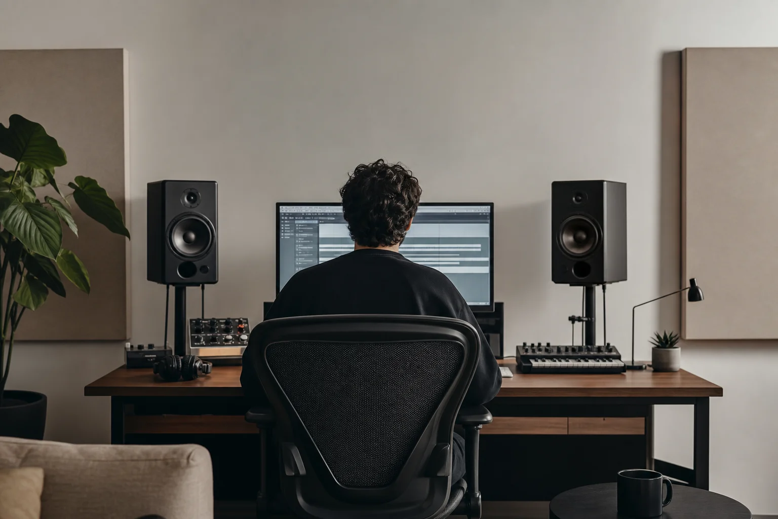 Music producer working at a studio desk with monitors in soft studio light
