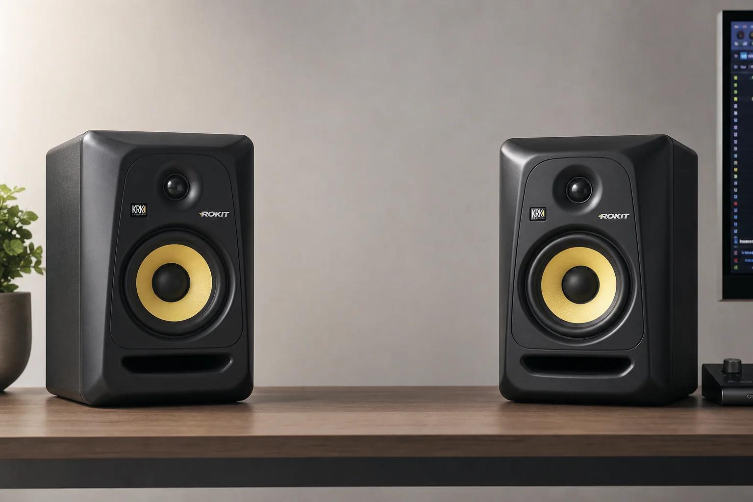 KRK Rokit 8 G5 studio monitors on a studio desk with neutral background