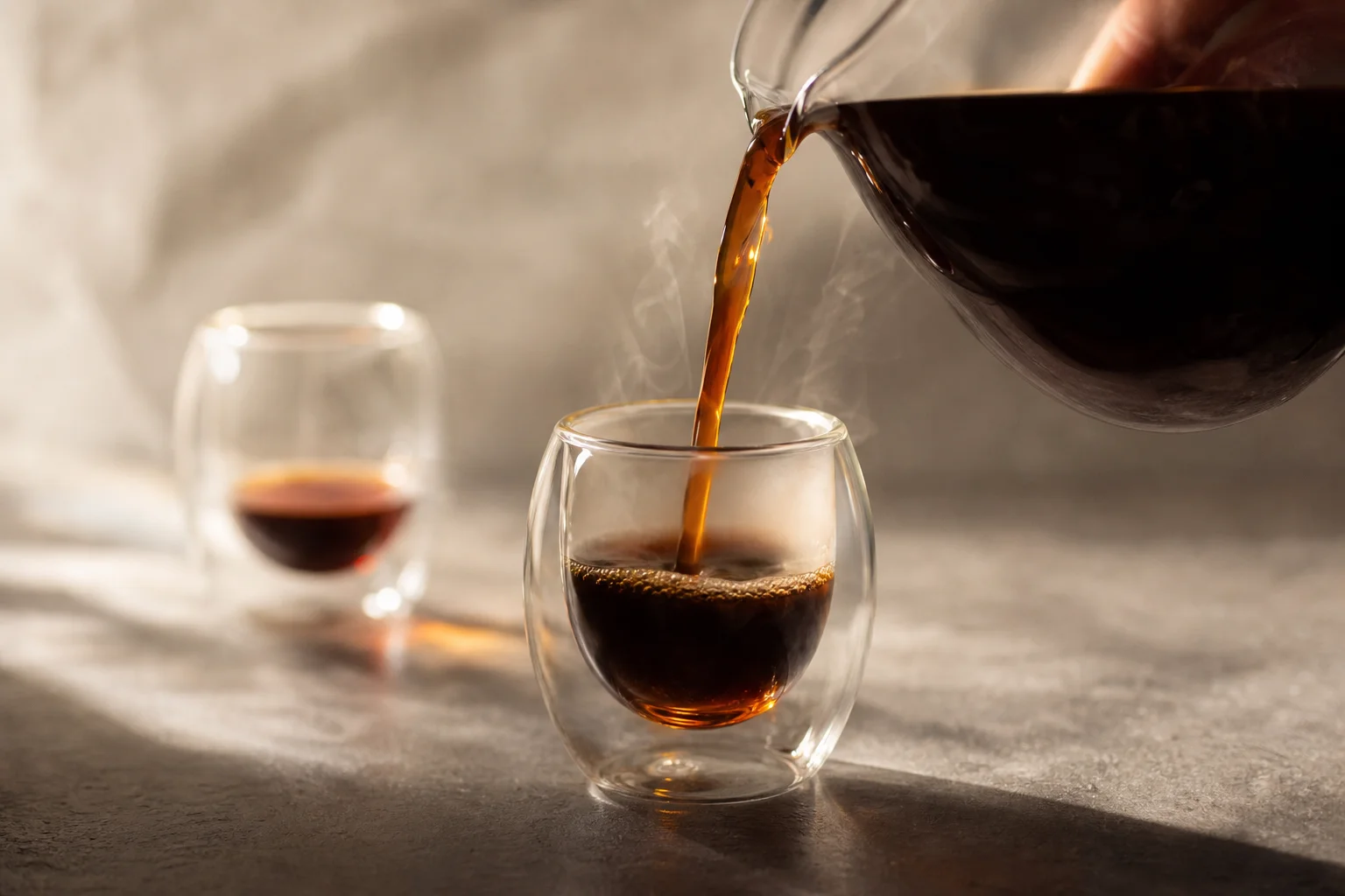Coffee being poured into a specialty tasting glass with steam rising