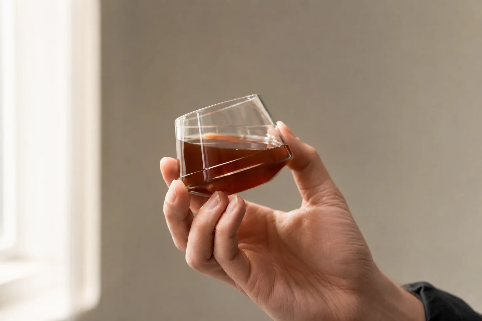 Hand holding a Kruve EQ tasting glass filled with coffee