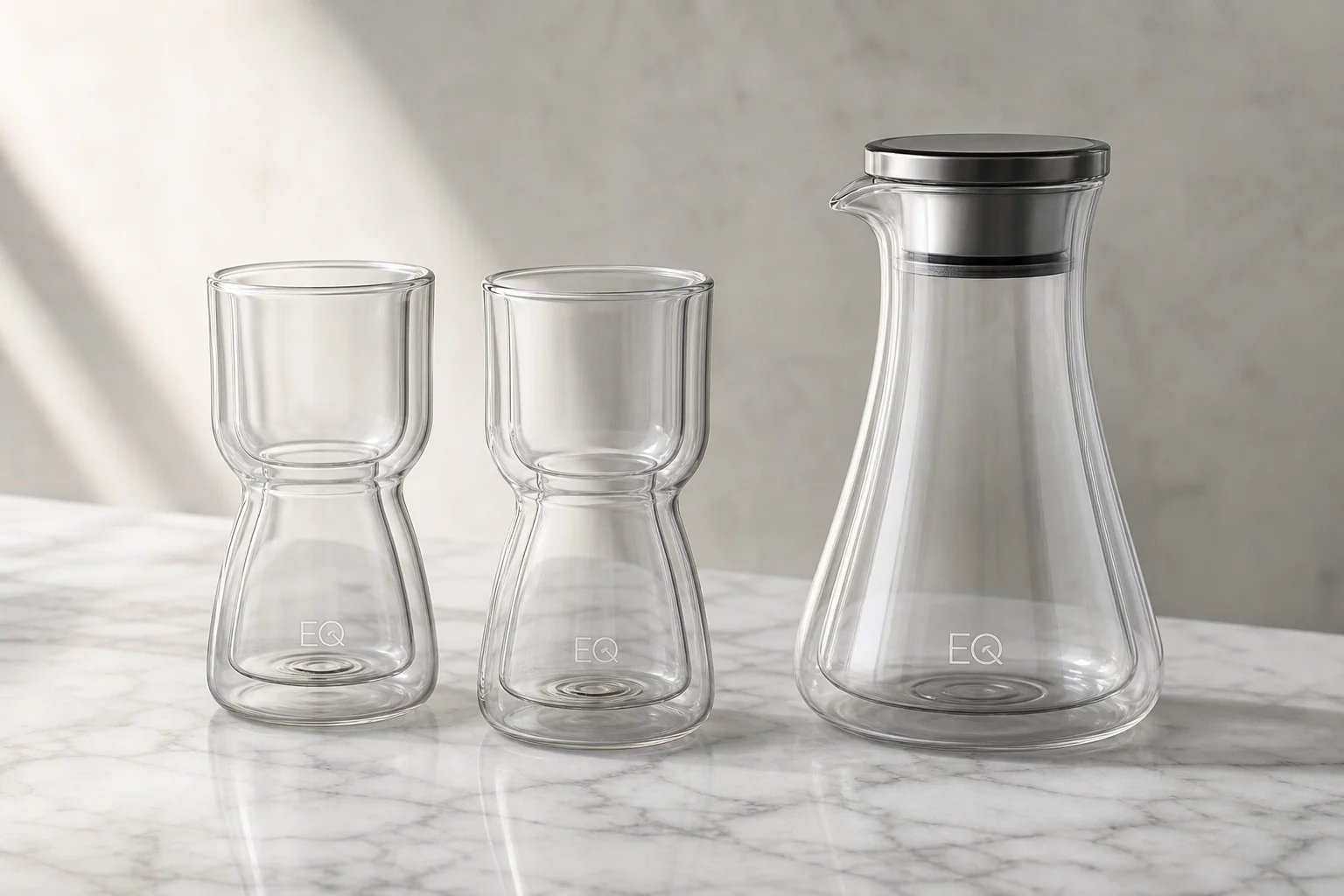 Kruve EQ tasting glasses and carafe on marble surface
