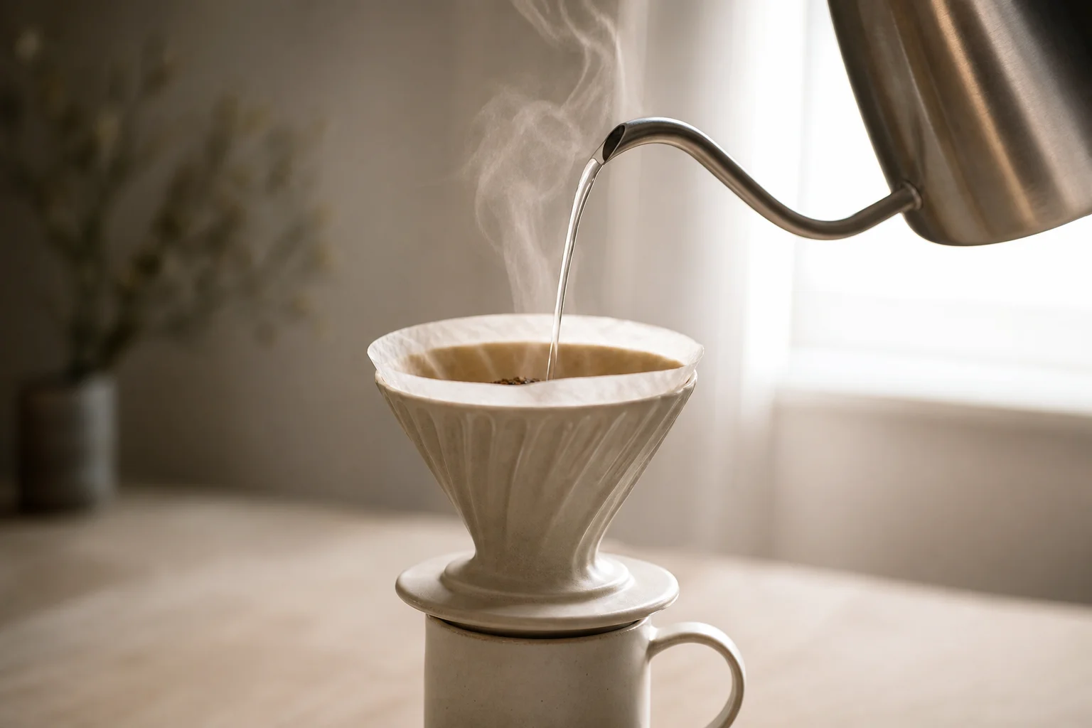 Gooseneck kettle pouring water into a pour-over coffee dripper with steam rising
