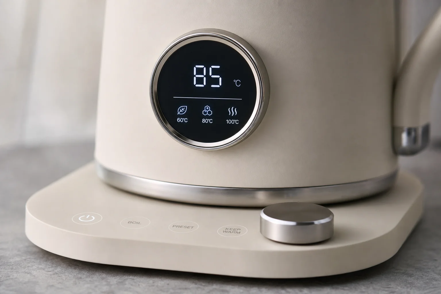Close-up of kettle's digital display showing temperature reading and control icons