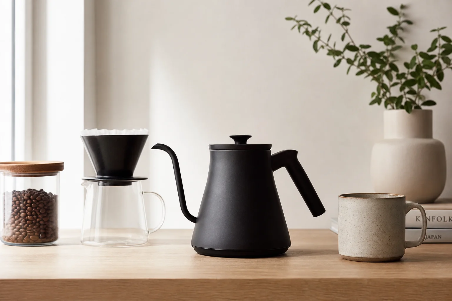 Kettle on kitchen counter surrounded by pour-over coffee equipment and accessories