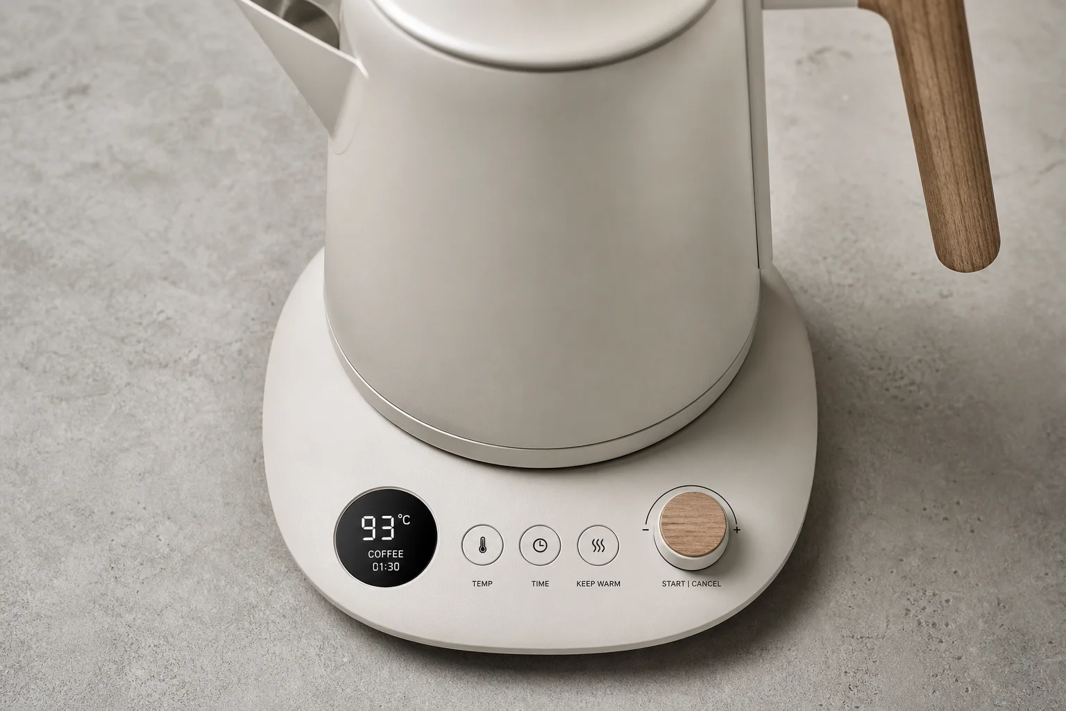Overhead view of kettle base showing digital display, buttons, knob, and wooden handle