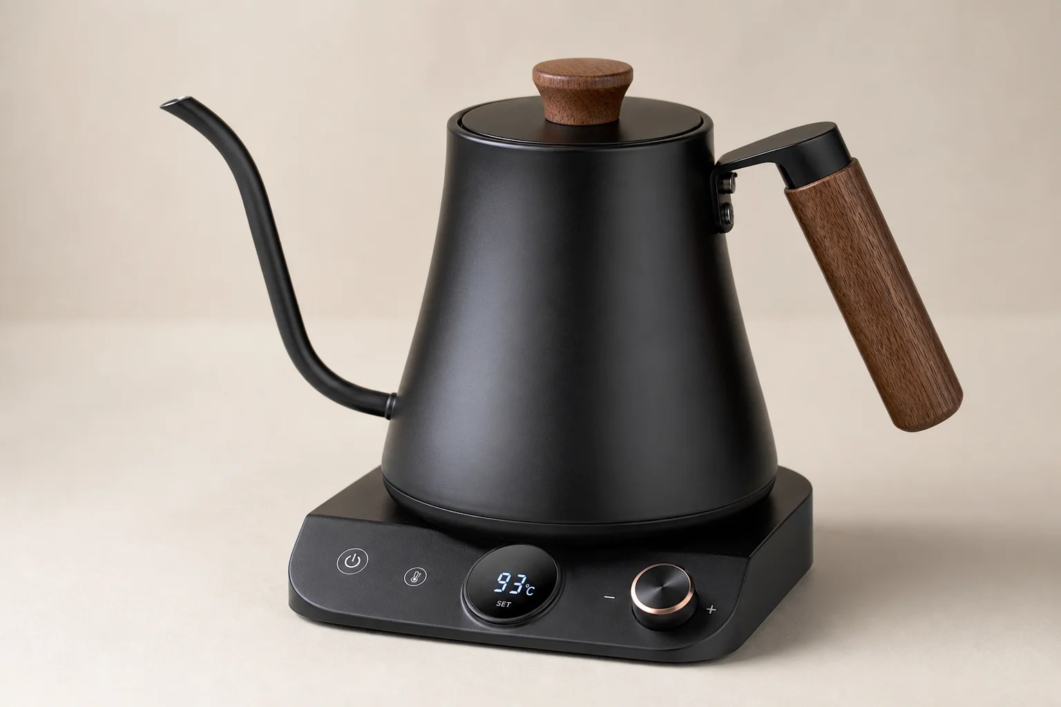 KT90 Pro black gooseneck kettle with wooden accents and digital display on neutral backdrop