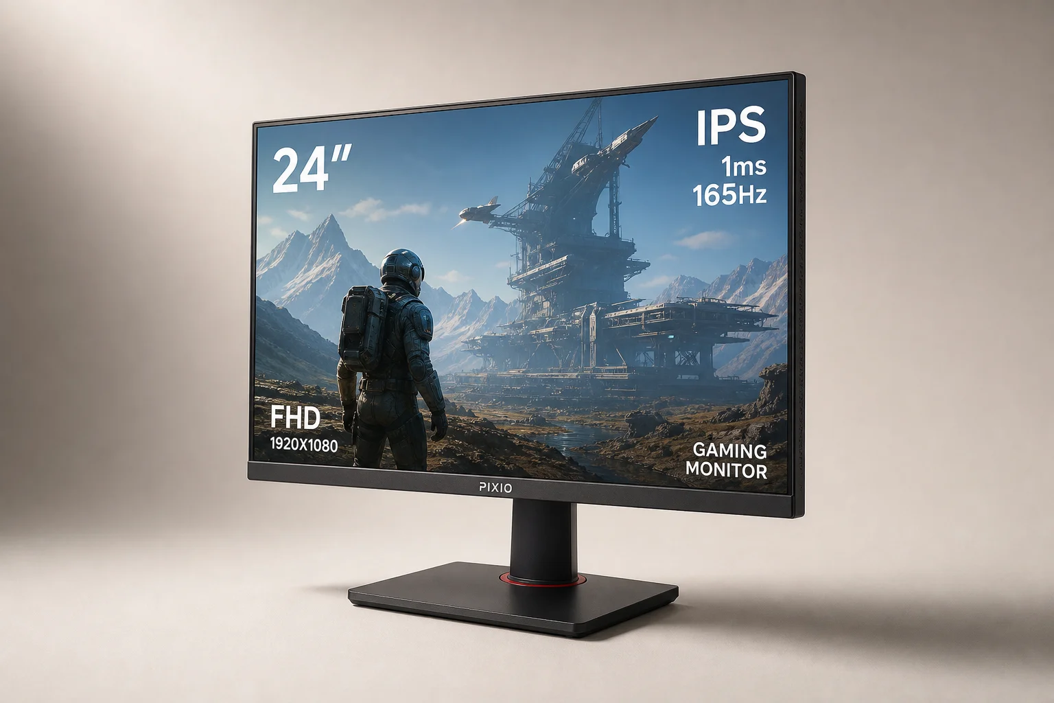 Five gaming monitors arranged on concrete showing 1440p IPS and OLED displays