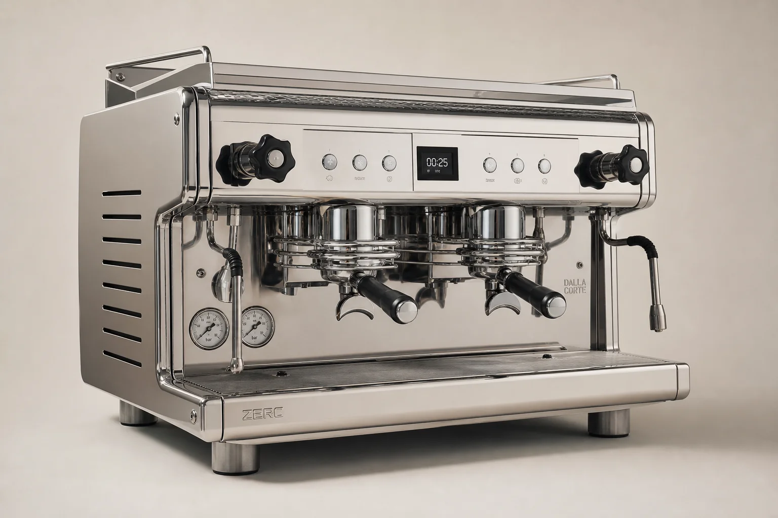 專業級 La Marzocco Espresso 咖啡機與小巧的 Breville Bambino 並排於中性背景前