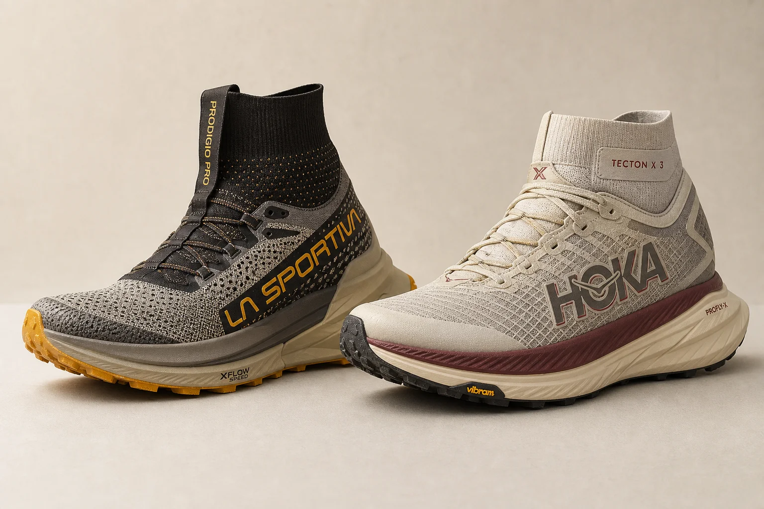 La Sportiva Prodigio Pro 與 Hoka Tecton X3 越野跑鞋在中性背景下並排展示