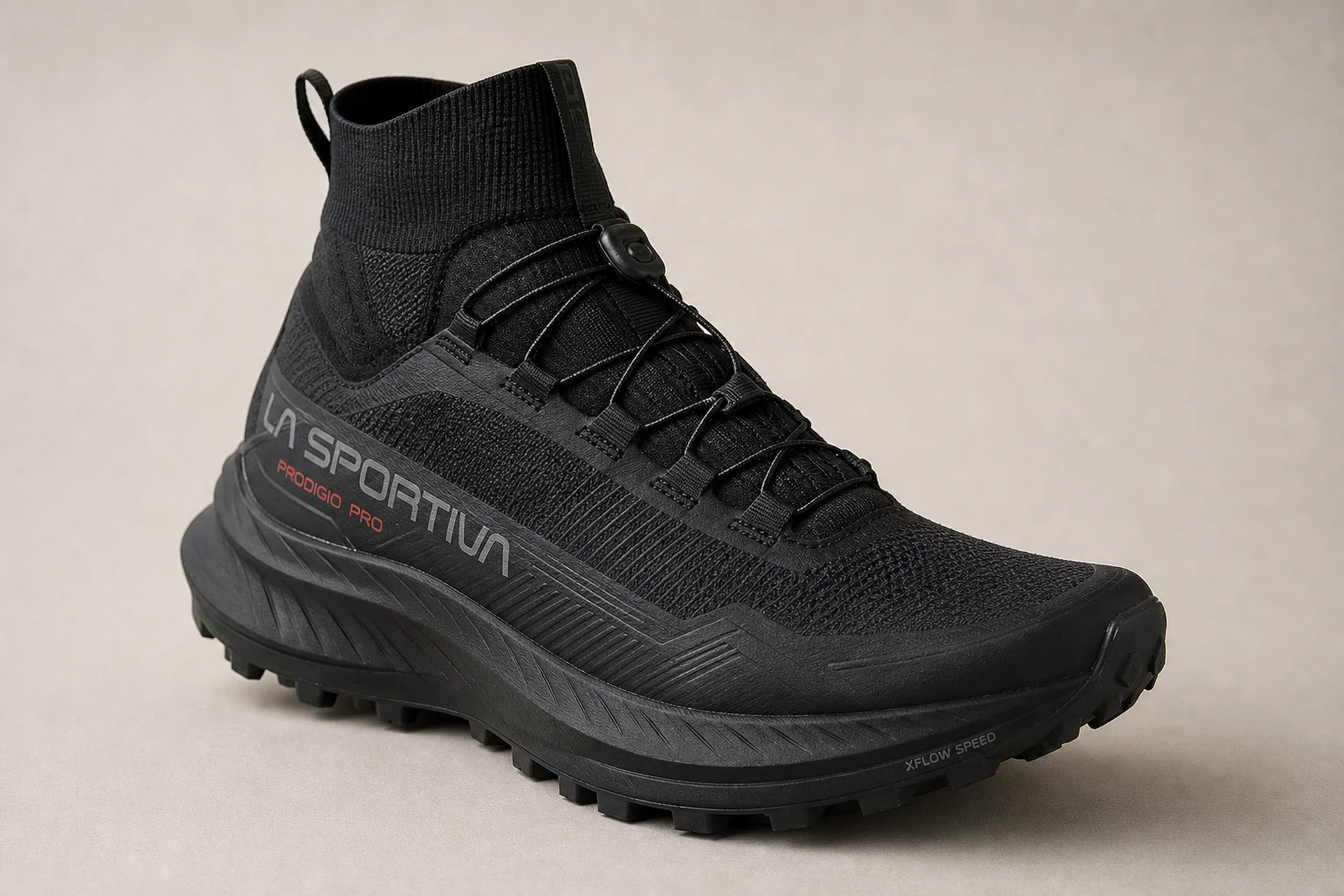 La Sportiva Prodigio Pro 與 Hoka Tecton X3 越野跑鞋並排展示於中性背景前