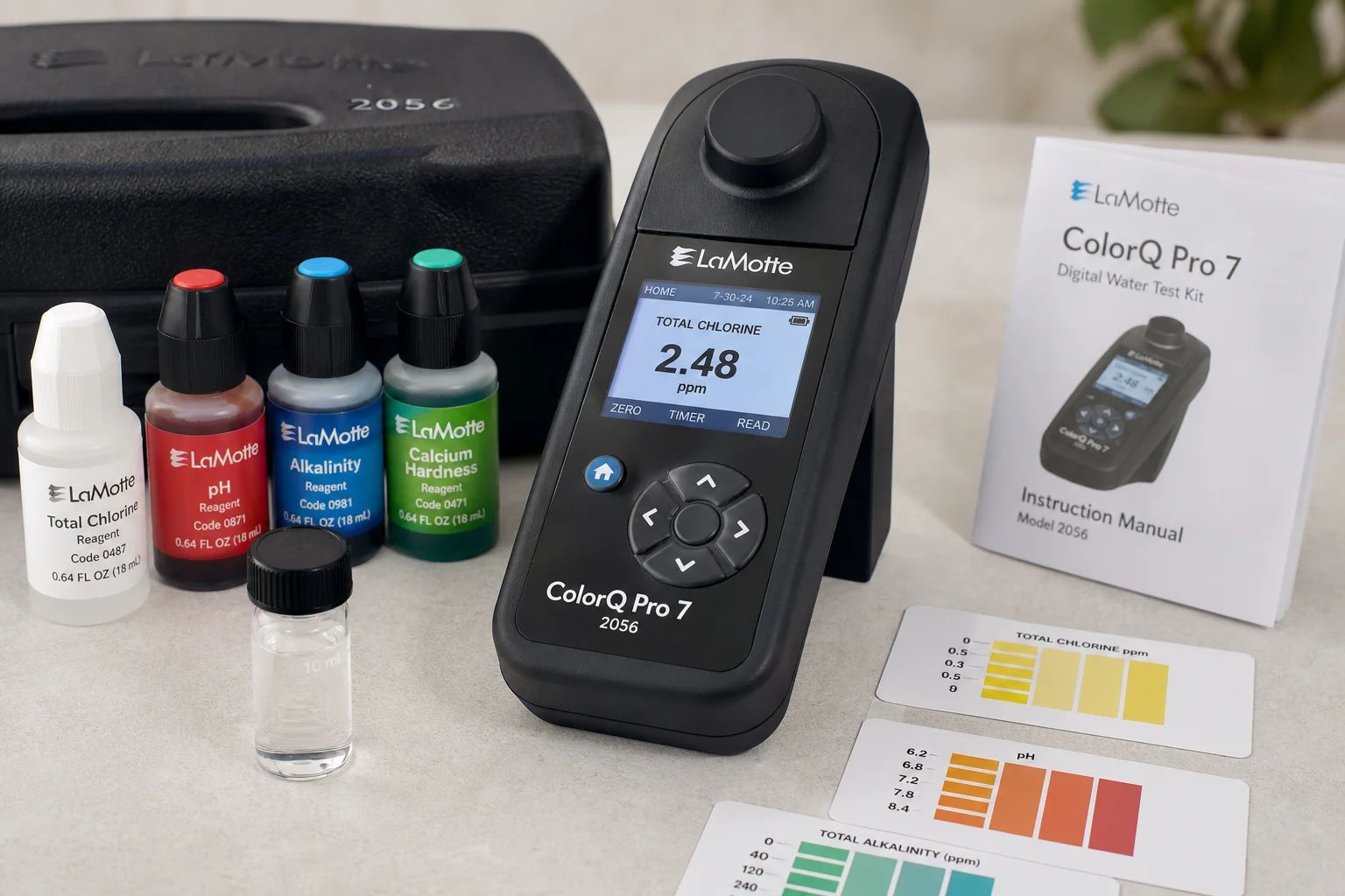 Collection of water test kits including strips, digital photometer, and test tubes on grey surface