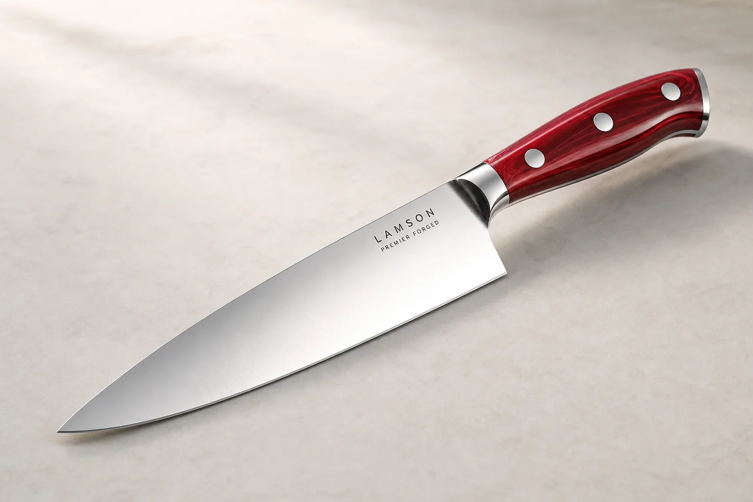 Collection of eight chef's knives arranged diagonally on concrete surface showing various styles and price points