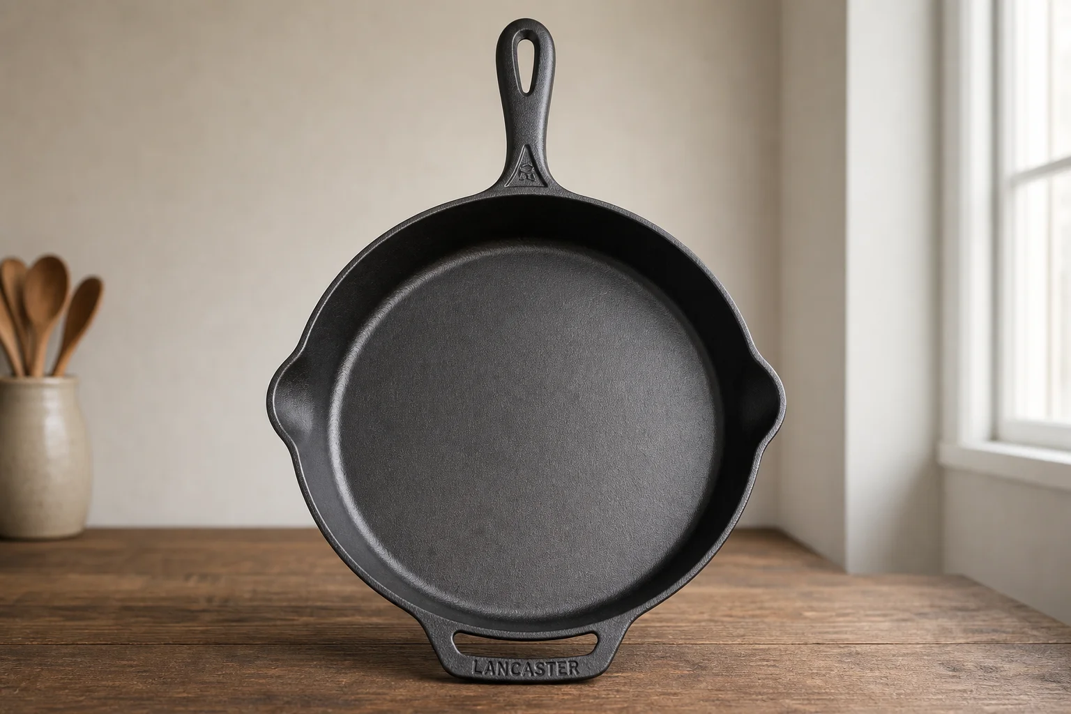 Five cast iron skillets arranged on wooden surface showing variety of styles and finishes