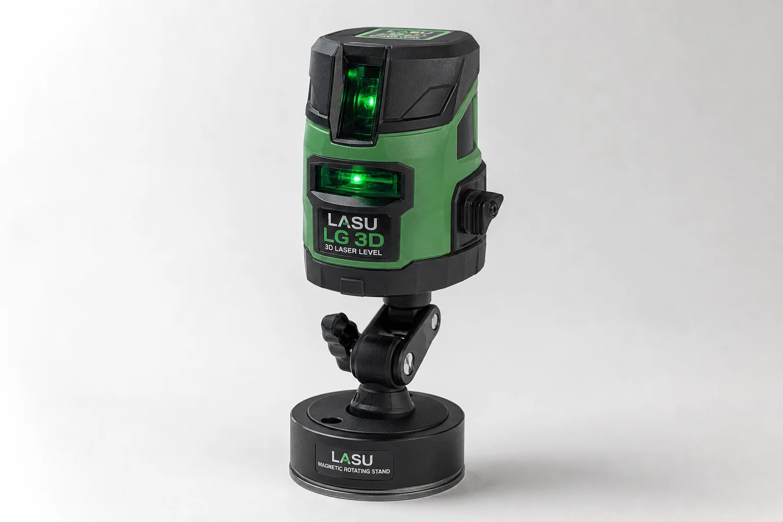 Five laser levels arranged by size and complexity on concrete surface