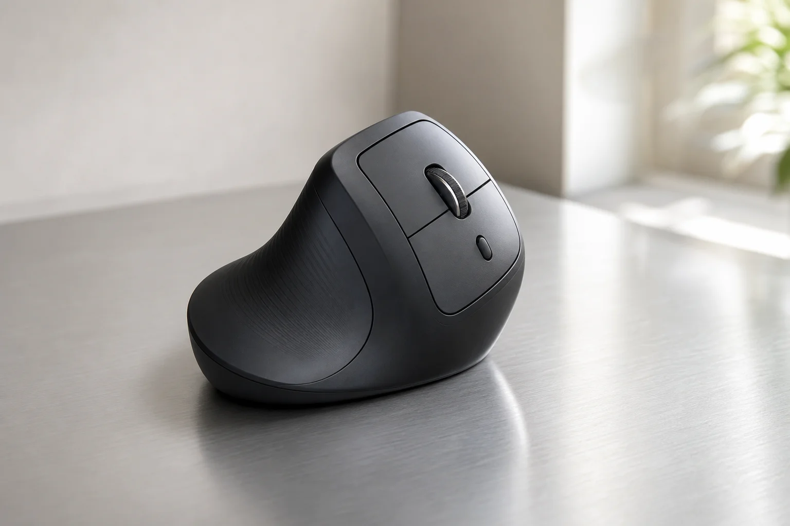 Five ergonomic mice in different styles arranged on a concrete surface