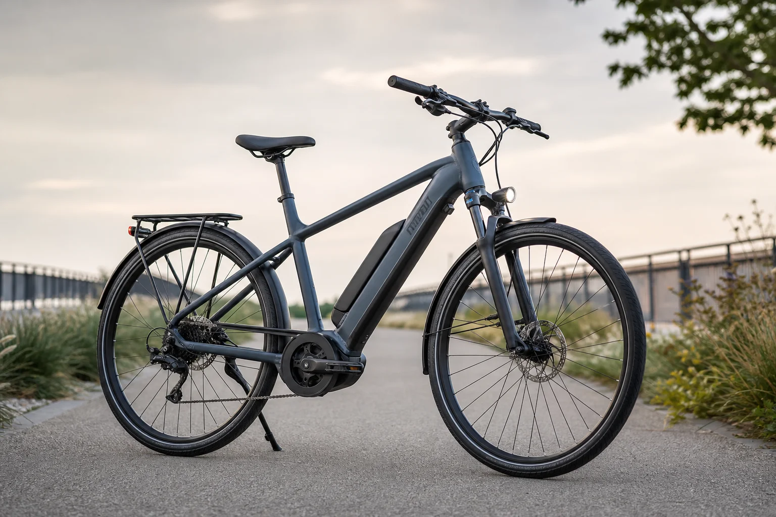 Traditional diamond-frame eBike on paved path with trees