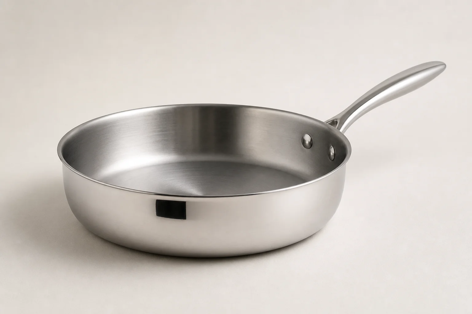 Collection of six stainless steel frying pans with varied finishes and handle styles on concrete surface