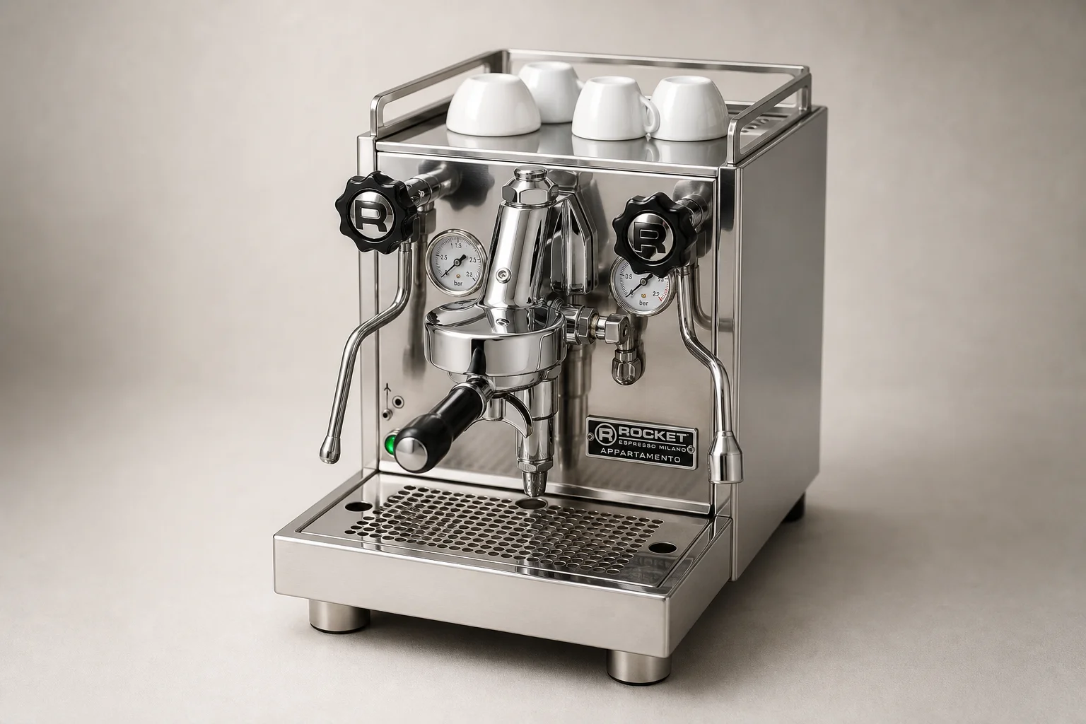 六台擺放在混凝土表面上的 Espresso 咖啡機，展示了不同的設計與尺寸