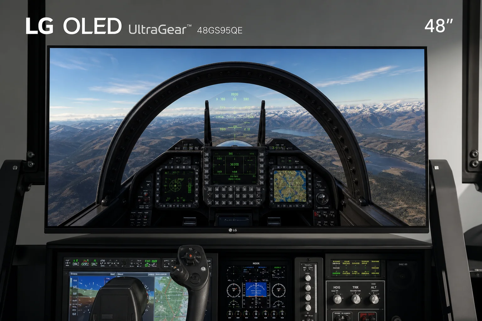 Professional home flight simulator cockpit with yoke, avionics, throttle controls, and triple monitors