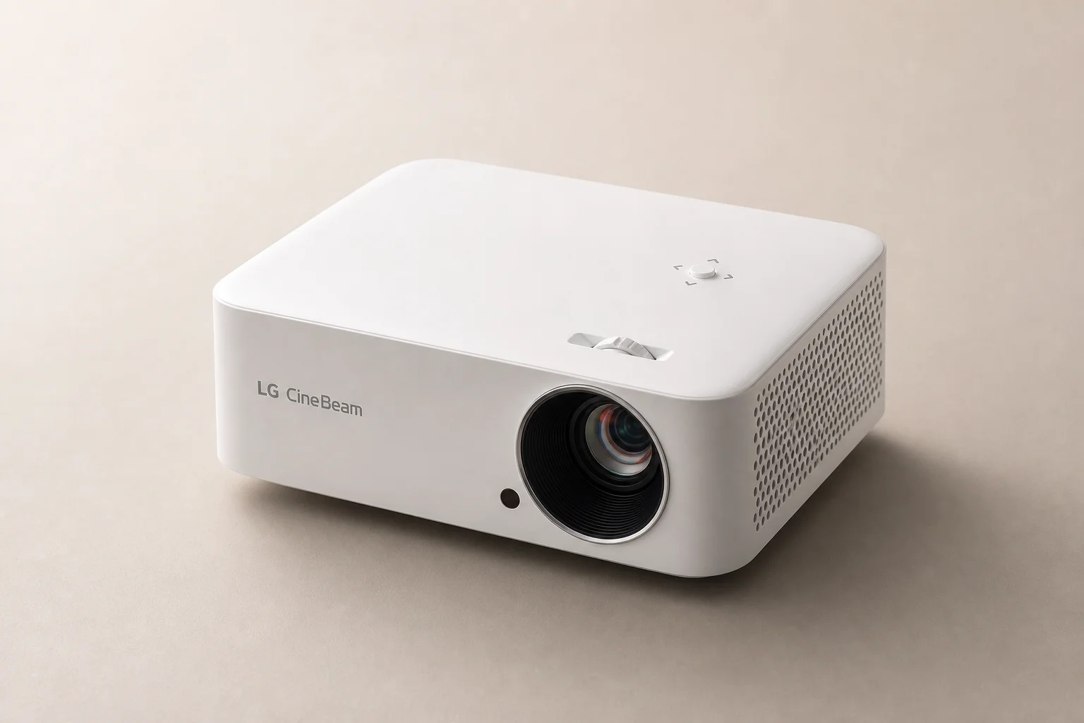 Five home theater projectors arranged by size on a concrete surface